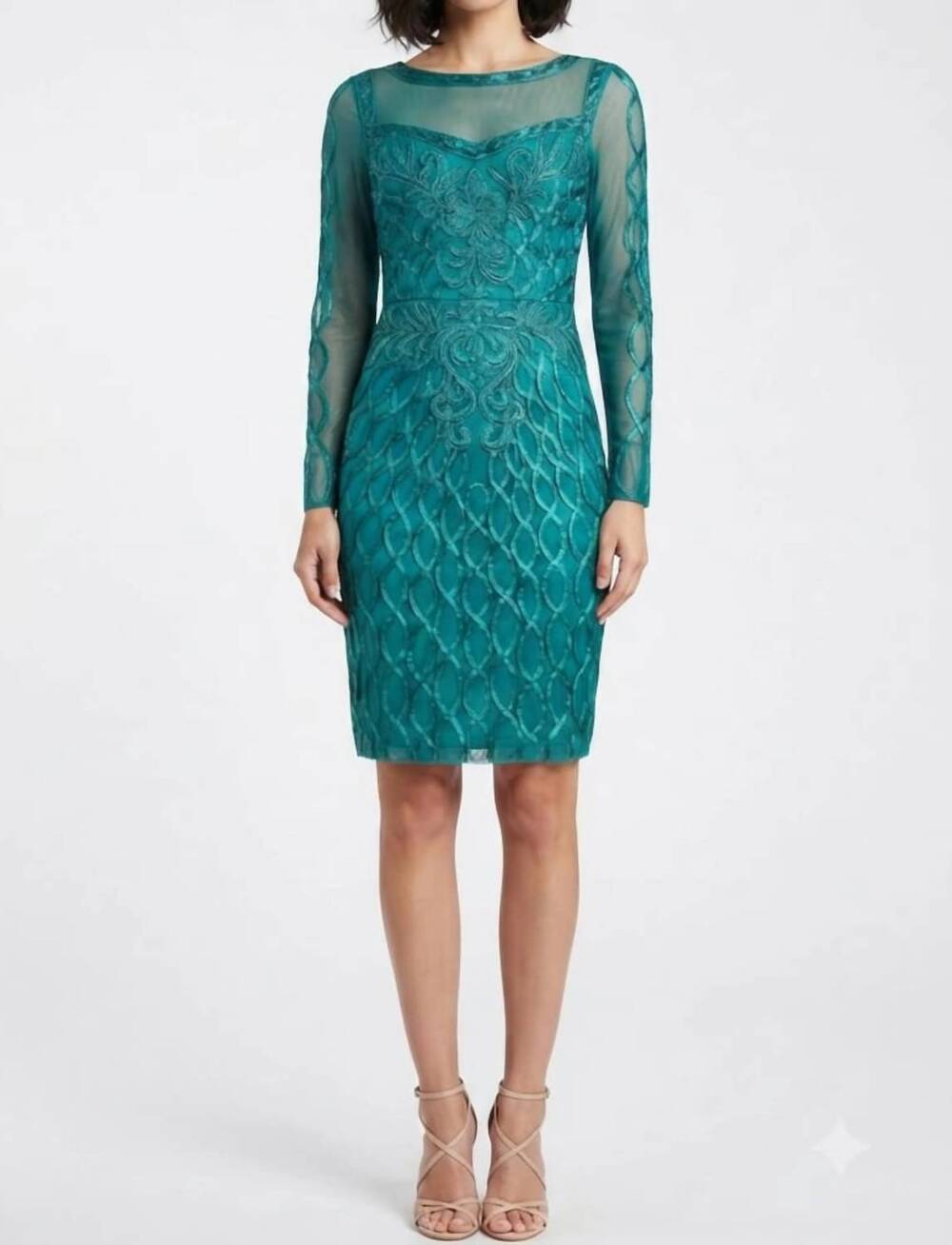 NEW SUE WONG long sleeve embroidered open-back dress in peacock